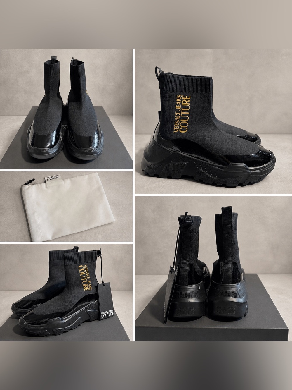 Versace Jeans Collection Black Knit Platform Sock Sneakers with Gold Logo